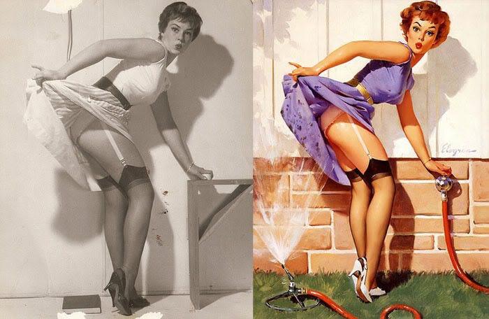 A model's playful pose from a black-and-white photo comes to vibrant life in Gil Elvgren's art, illustrating his genius for whimsical narratives. A model's playful pose from a black-and-white photo comes to vibrant life in Gil Elvgren's art, illustrating his genius for whimsical narratives.