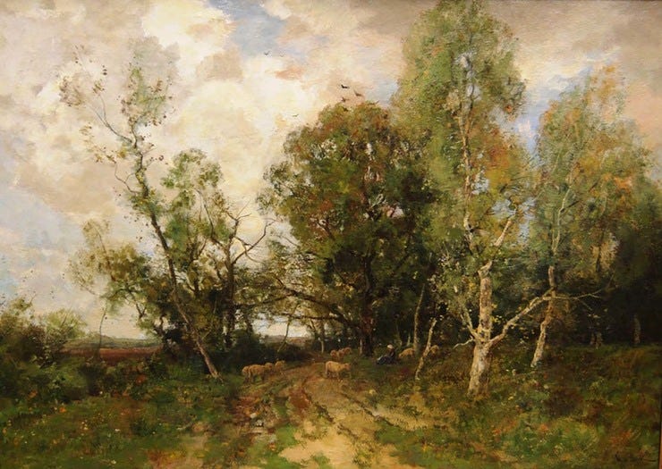 'Landscape with sheep' - olieverf op doek: Théophile de Bock (herkomst: coll Chazen Museum of Art, Madison (VS) - Gift of Dr. and Mrs. Hans H. Reese) 'Landscape with sheep' - olieverf op doek: Théophile de Bock (herkomst: coll Chazen Museum of Art, Madison (VS) - Gift of Dr. and Mrs. Hans H. Reese)