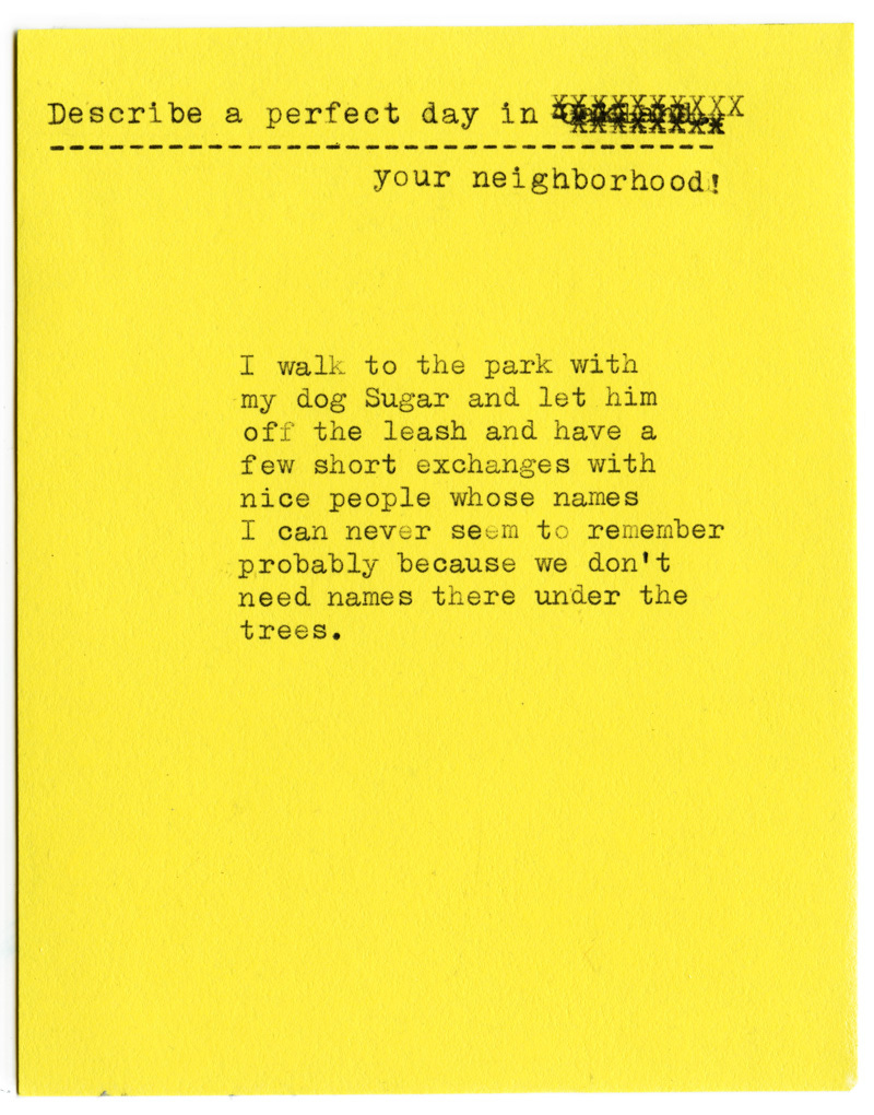 Describe a perfect day in your neighborhood!  I walk to the park with my dog Sugar and let him off the leash and have a few short exchanges with nice people whose names I can never seem to remember probably because we don't need names there under the trees.