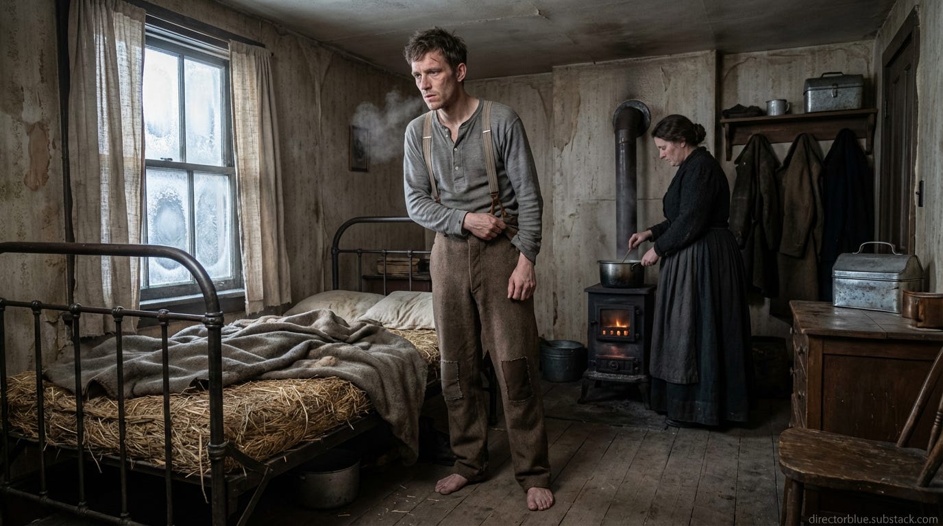 Photorealistic 169 cinematic photograph early morning December 1917 interior of cramped working-class Halifax tenement room Thomas Finlay  19-year-old lean wiry dockworker 59 angular face prominent slightly crooked nose deep-set grey-blue ey_image_1