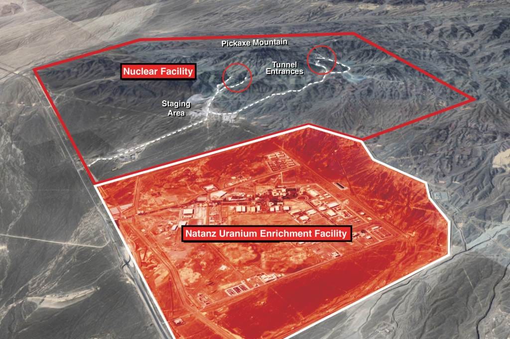 Aerial view of the Natanz Uranium Enrichment Facility near Pickaxe Mountain, showing the facility, staging area, and tunnel entrances.