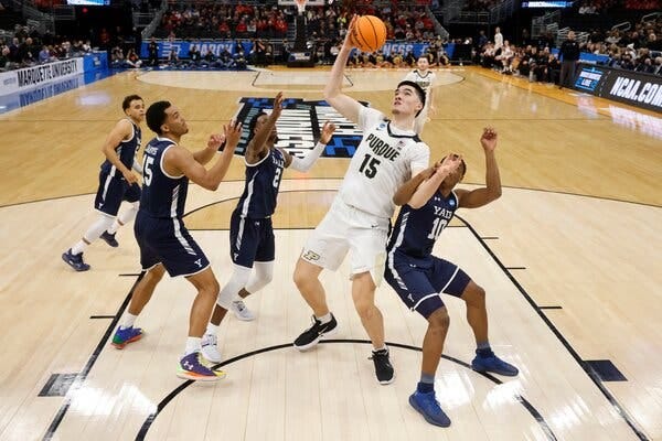 Purdue center Zach Edey, at 7-foot-4 the tallest player in college basketball, towered over Yale’s defenders.
