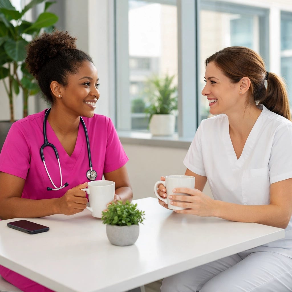 Nurses in pink and white scrubs discussing hospital unit culture in a modern breakroom. Nurses in pink and white scrubs discussing hospital unit culture in a modern breakroom.