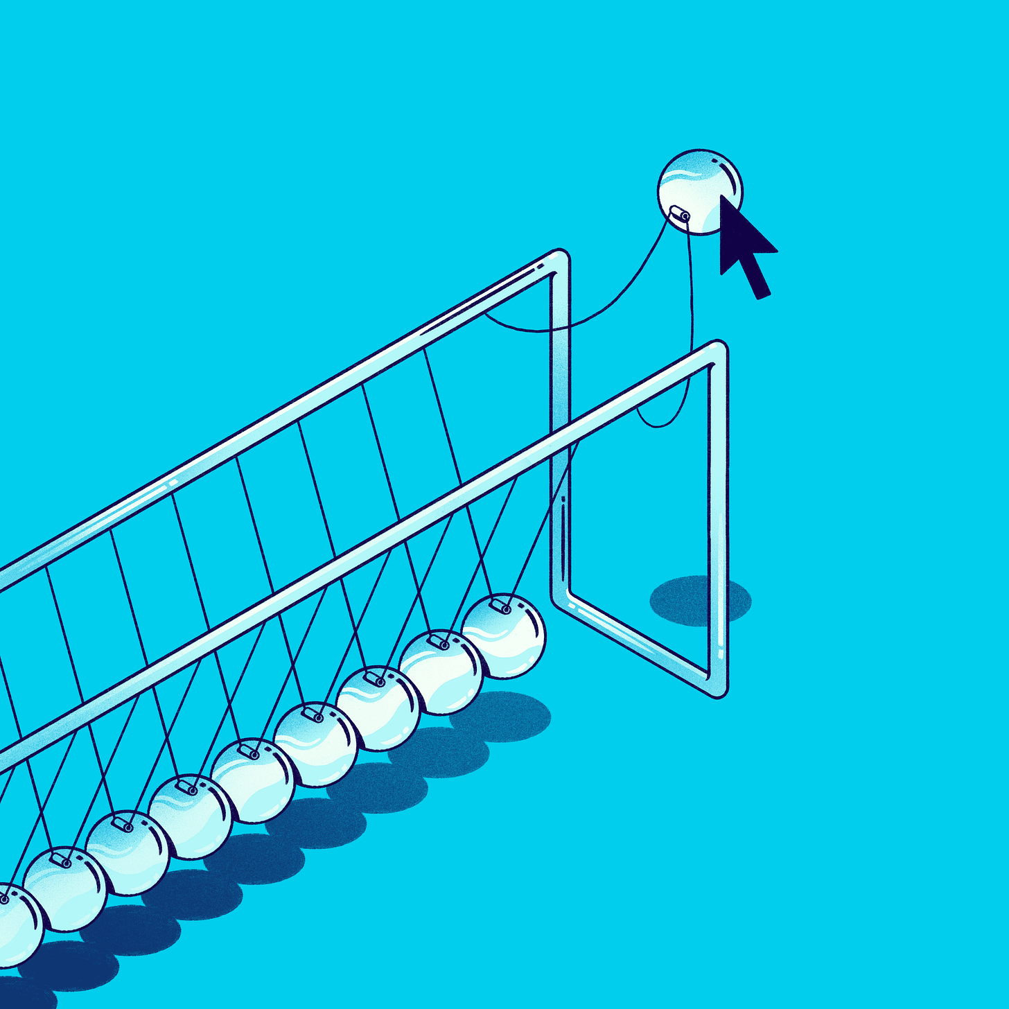 An illustration of a cursor hovering over a ball that swings in midair at one end of a Newtons cradle. An illustration of a cursor hovering over a ball that swings in midair at one end of a Newtons cradle.