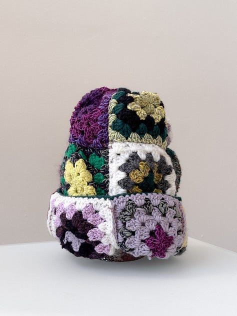 Purple and green granny crochet patchwork beanie