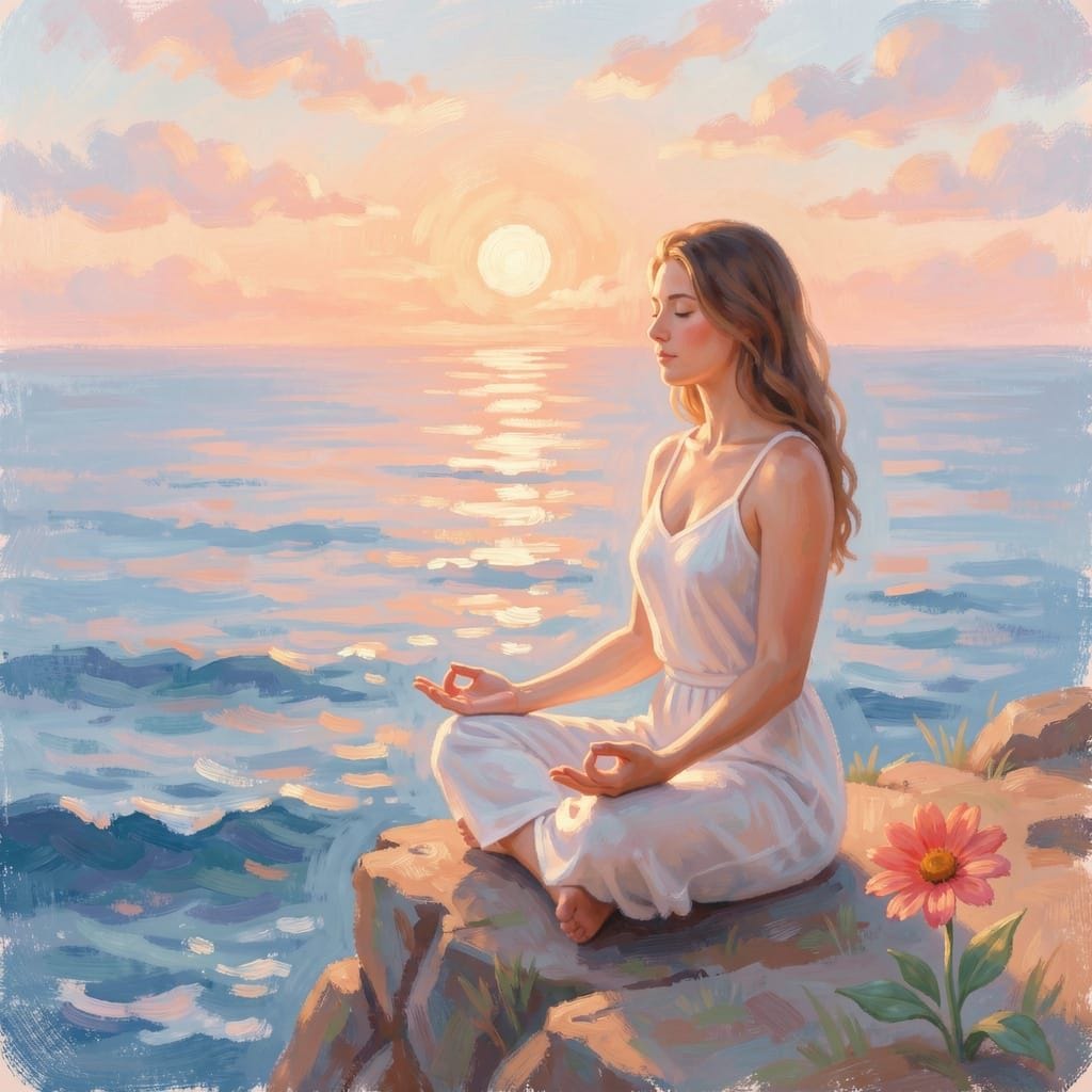 A solitary woman meditating on a cliff edge overlooking a vast, serene ocean at dawn. The scene is rendered in the style...