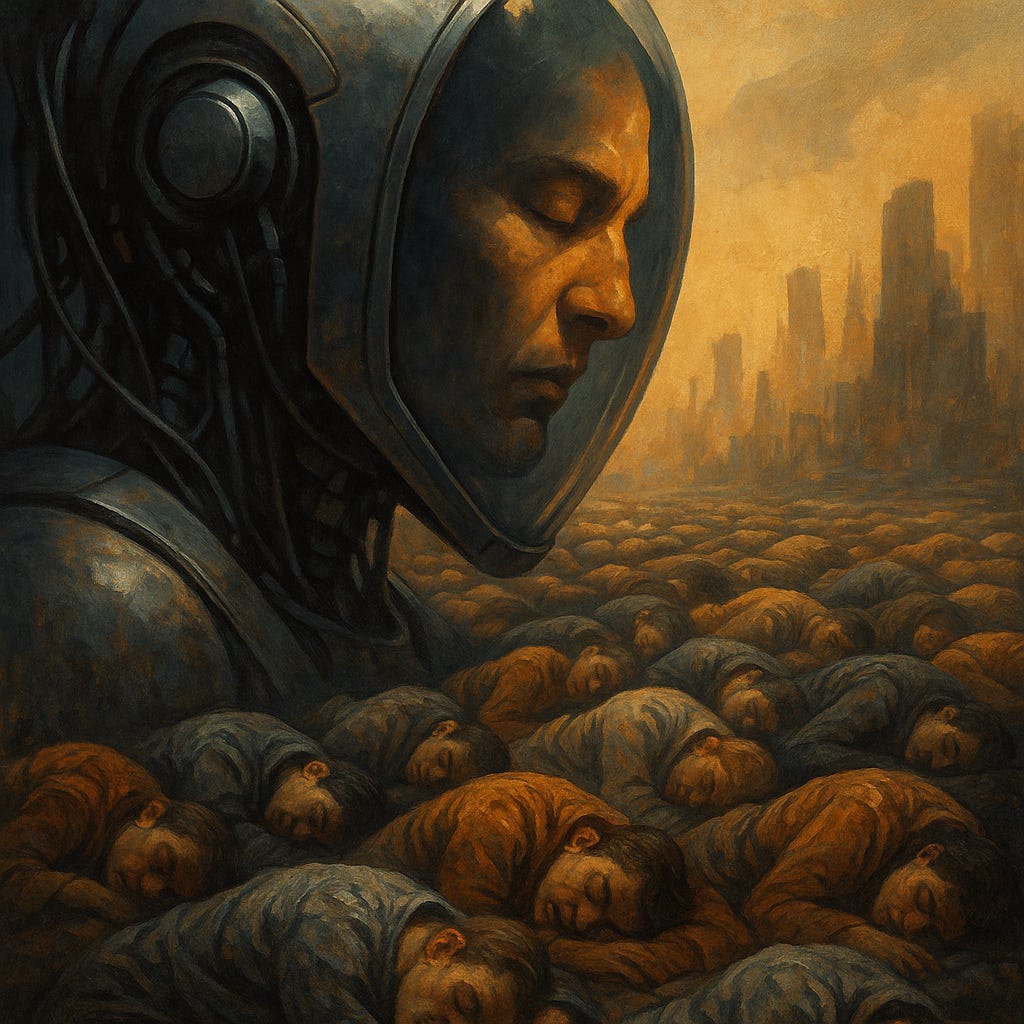 A digital painting of a solemn humanoid figure in a sleek helmet, eyes closed, blending seamlessly into machinery. Below, hundreds of people sleep in neat rows across a dreamlike, decaying landscape. The sky glows with an eerie amber light, and a crumbling futuristic city looms in the distance. A digital painting of a solemn humanoid figure in a sleek helmet, eyes closed, blending seamlessly into machinery. Below, hundreds of people sleep in neat rows across a dreamlike, decaying landscape. The sky glows with an eerie amber light, and a crumbling futuristic city looms in the distance.