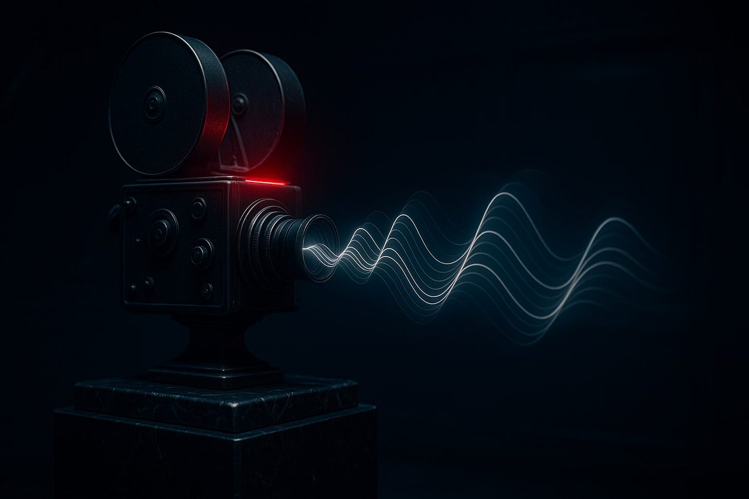 Vintage film camera emitting blue attention waves in a dark cinematic room. Vintage film camera emitting blue attention waves in a dark cinematic room.