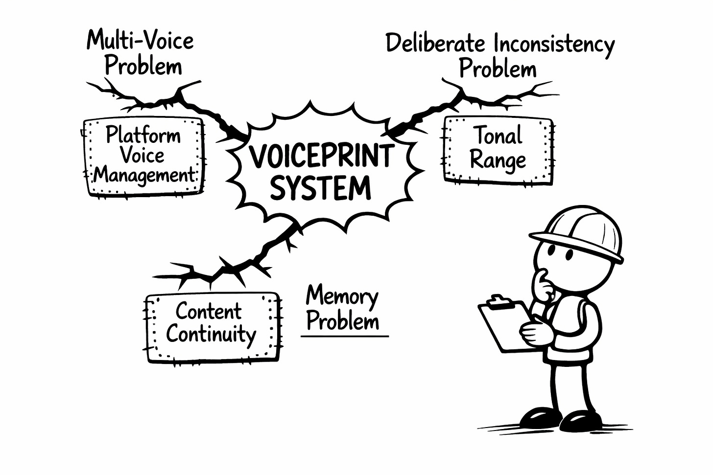 Black-and-white whiteboard-style diagram with “VOICEPRINT SYSTEM” centered and three crack lines labeled “Multi-Voice Problem,” “Deliberate Inconsistency Problem,” and “Memory Problem,” each leading to a repair patch labeled “Platform Voice Management,” “Tonal Range,” and “Content Continuity,” with a stick figure in a hard hat inspecting the cracks using a clipboard.