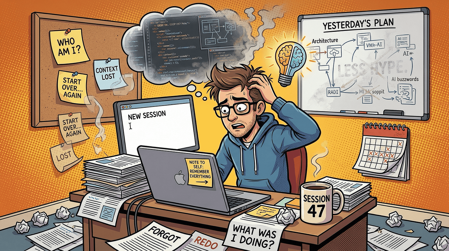 Frustrated developer at session 47, laptop showing "New Session," sticky notes reading "Context Lost" and "WHO AM I?," crumpled papers and a fading whiteboard plan behind him
