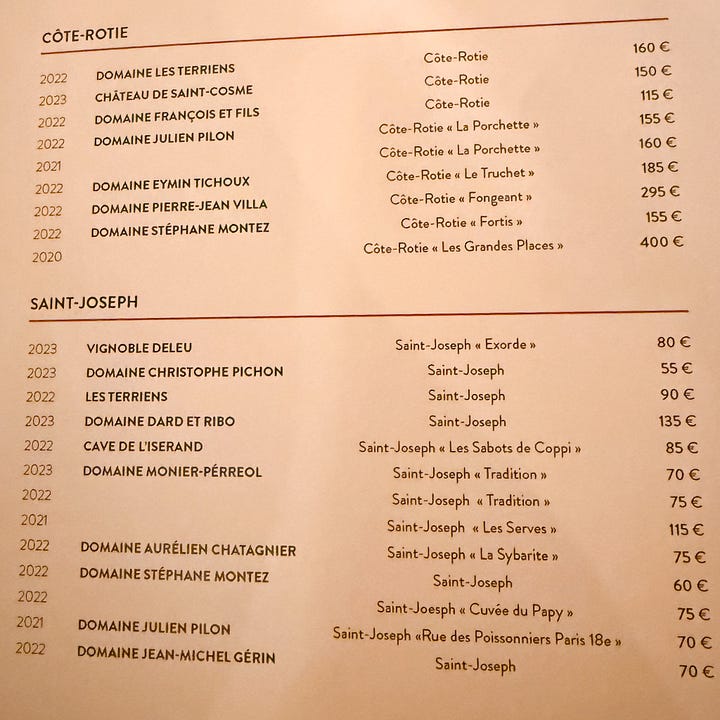 The wine list at Le Bon Georges bistro in Paris