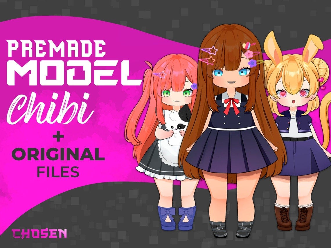 May include: Three chibi anime characters with different hairstyles and outfits. The characters are standing in front of a pink and black background with the text 'PREMADE MODEL chibi + ORIGINAL FILES CHOSEN'.