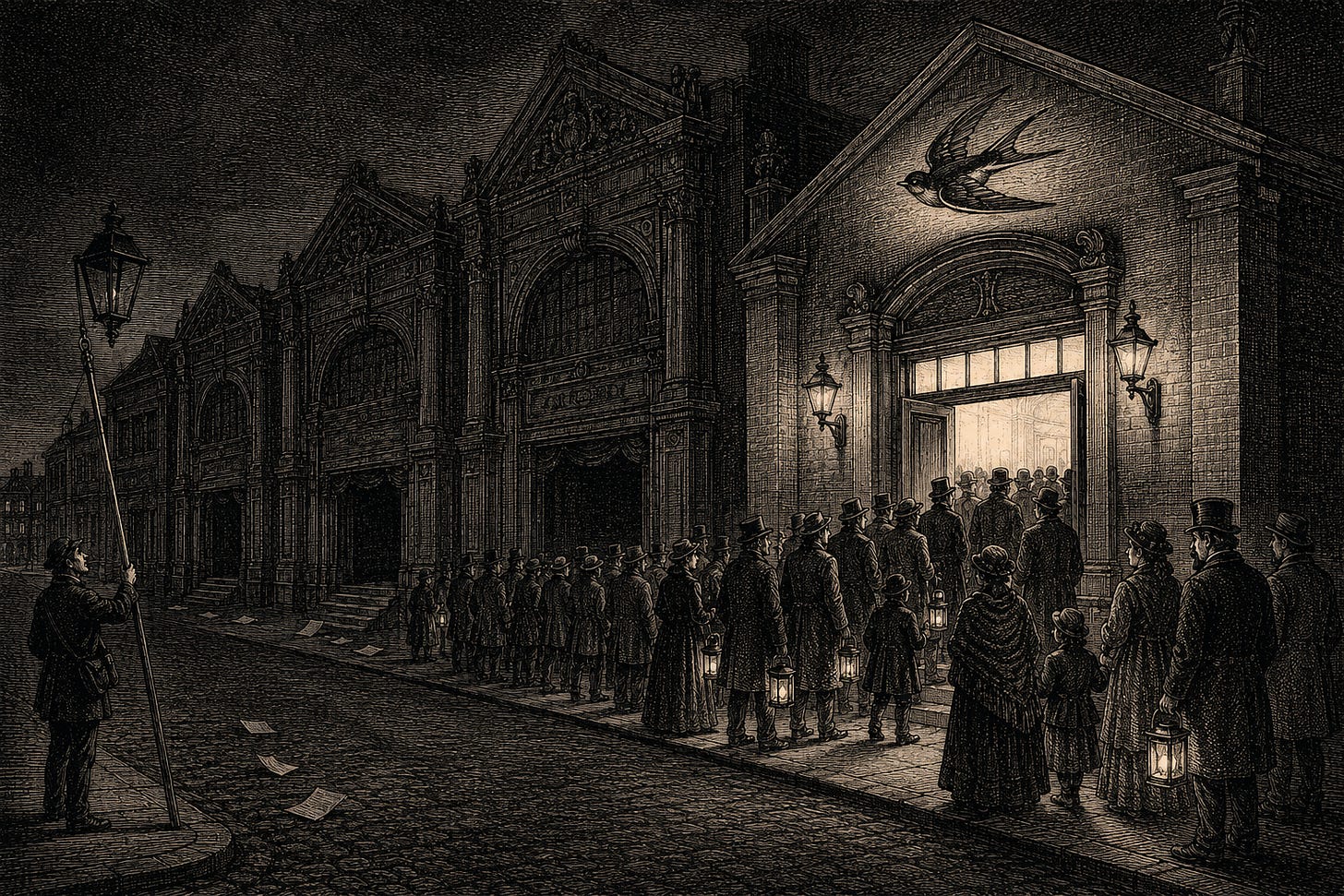 Wood-engraving editorial illustration in the Thomas Nast Harper's Weekly style for Attention Capital's essay The Rented Boom. On a dark theater street where the lamplighter has extinguished every gas lamp, three theaters stand empty while one modest house glows, its patrons arriving on their own with lanterns in hand. The image renders the essay's durability screen: pause the advertising spend and see what audience remains. Owned demand survives the dark; rented demand leaves with the lights. Keywords: audience retention, owned audience, durable demand, retention curves, micro-drama operators, franchise economics.
