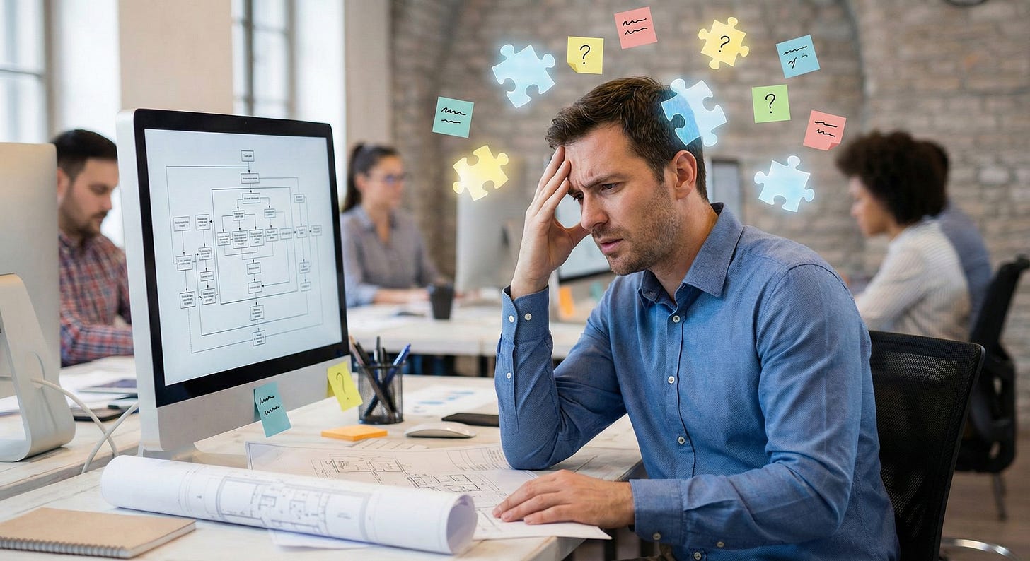 A stressed professional man in a blue shirt at his office desk, holding his head in confusion while looking at complex diagrams on a computer screen and blueprints. Illustrated puzzle pieces and question marks float around his head, symbolizing being overwhelmed and facing a difficult problem in a workplace setting. A stressed professional man in a blue shirt at his office desk, holding his head in confusion while looking at complex diagrams on a computer screen and blueprints. Illustrated puzzle pieces and question marks float around his head, symbolizing being overwhelmed and facing a difficult problem in a workplace setting.