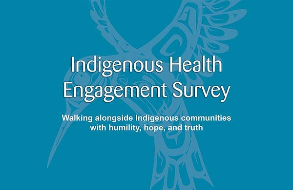 image of a humming bird on a teal background. text reads Indigenous Health Engagement Survey: walking alongside Indigenous communities with humility, hope, and truth