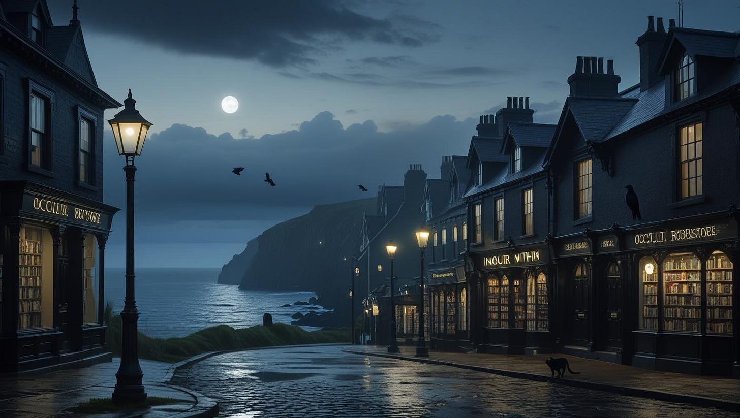 Dreamlike digital rendering of a foggy, Lovecraftian coastal village at night