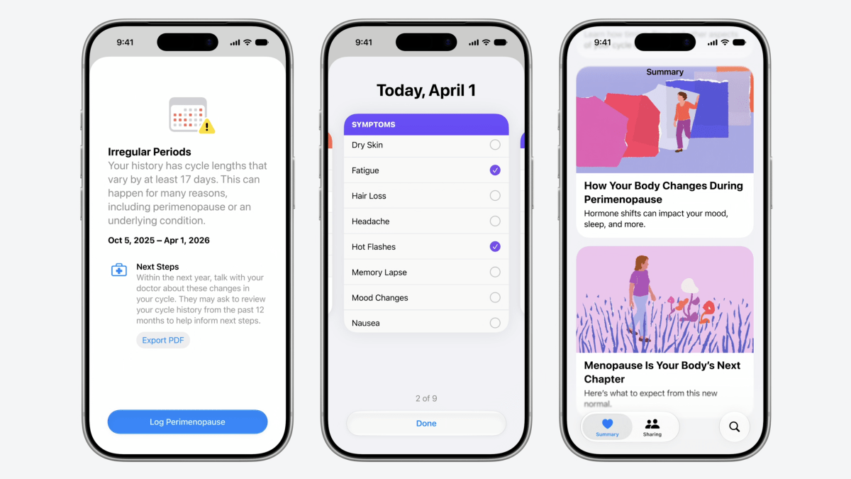 Three iPhone screens showing the new cycle tracking for perimenopause and menopause.
