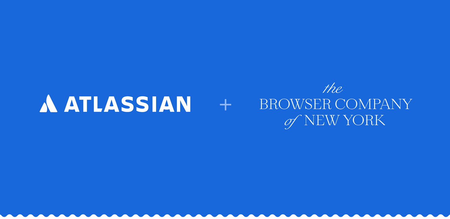 The Atlassian and The Browser Company logos on a blue background.