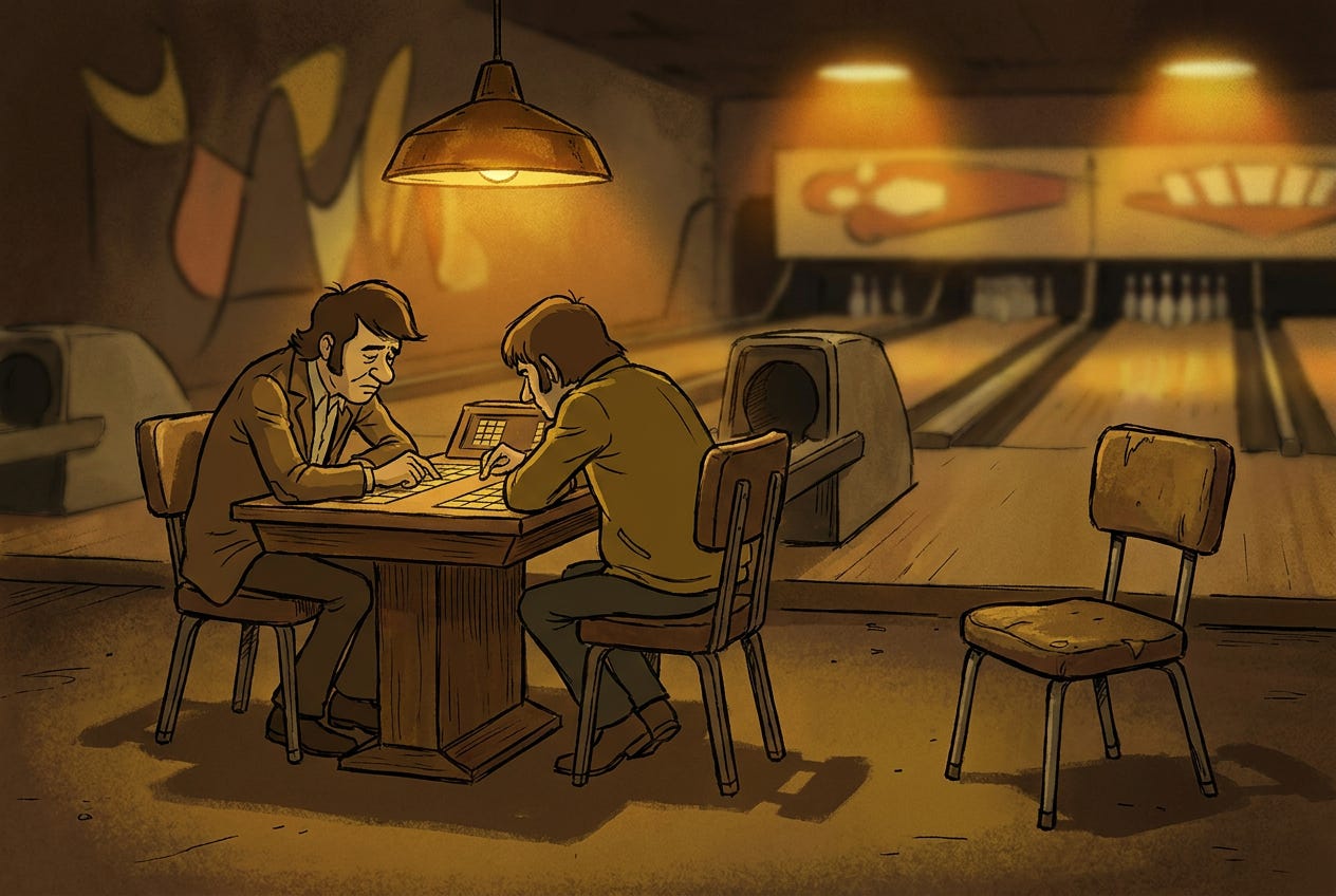 Two chairs sit at a bowling scorer's table while a third chair sits apart, unused. Two chairs sit at a bowling scorer's table while a third chair sits apart, unused.