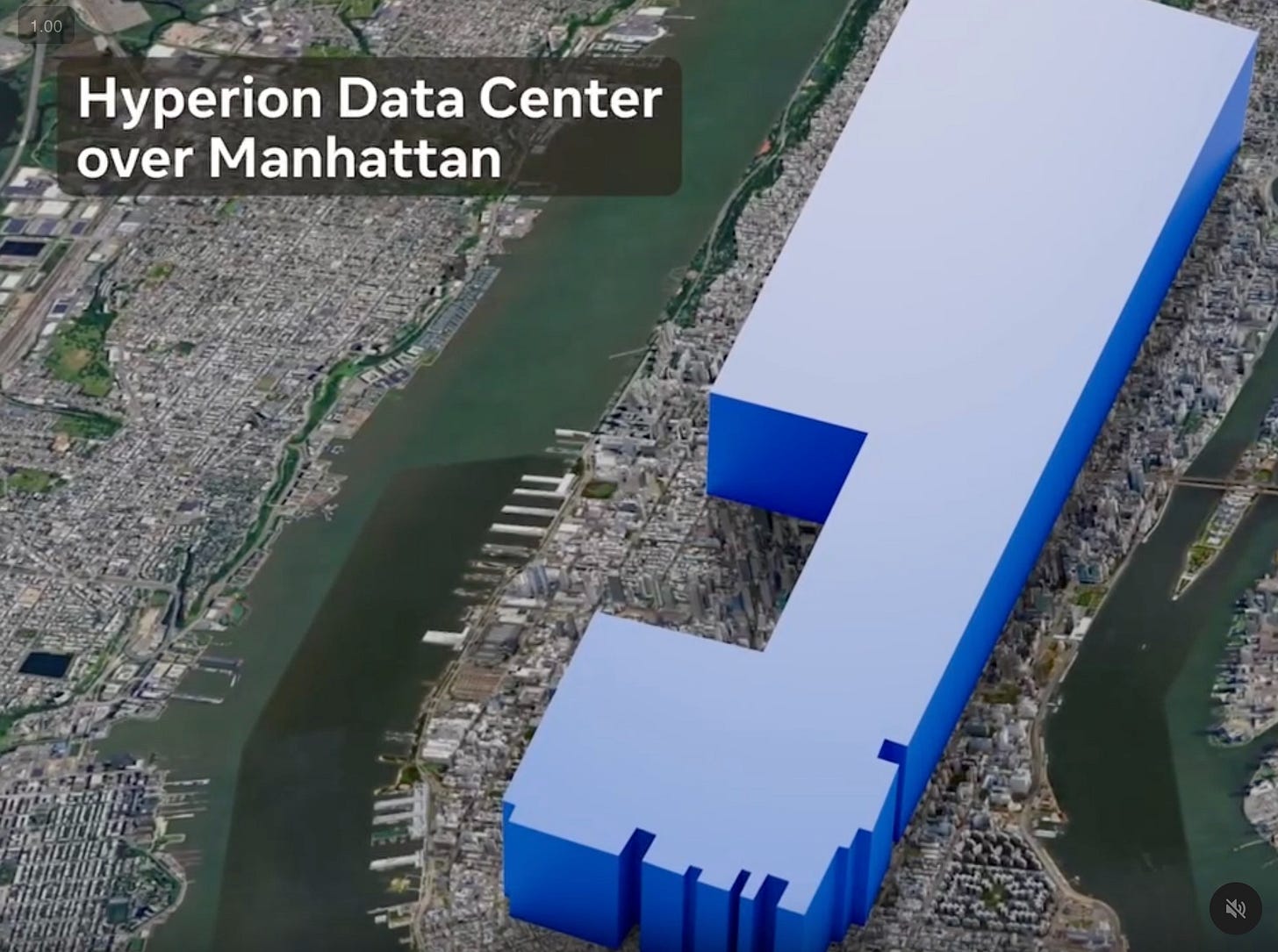 O novo datacencer Hyperion da Meta projetado sobre Manhattan. O novo datacencer Hyperion da Meta projetado sobre Manhattan.