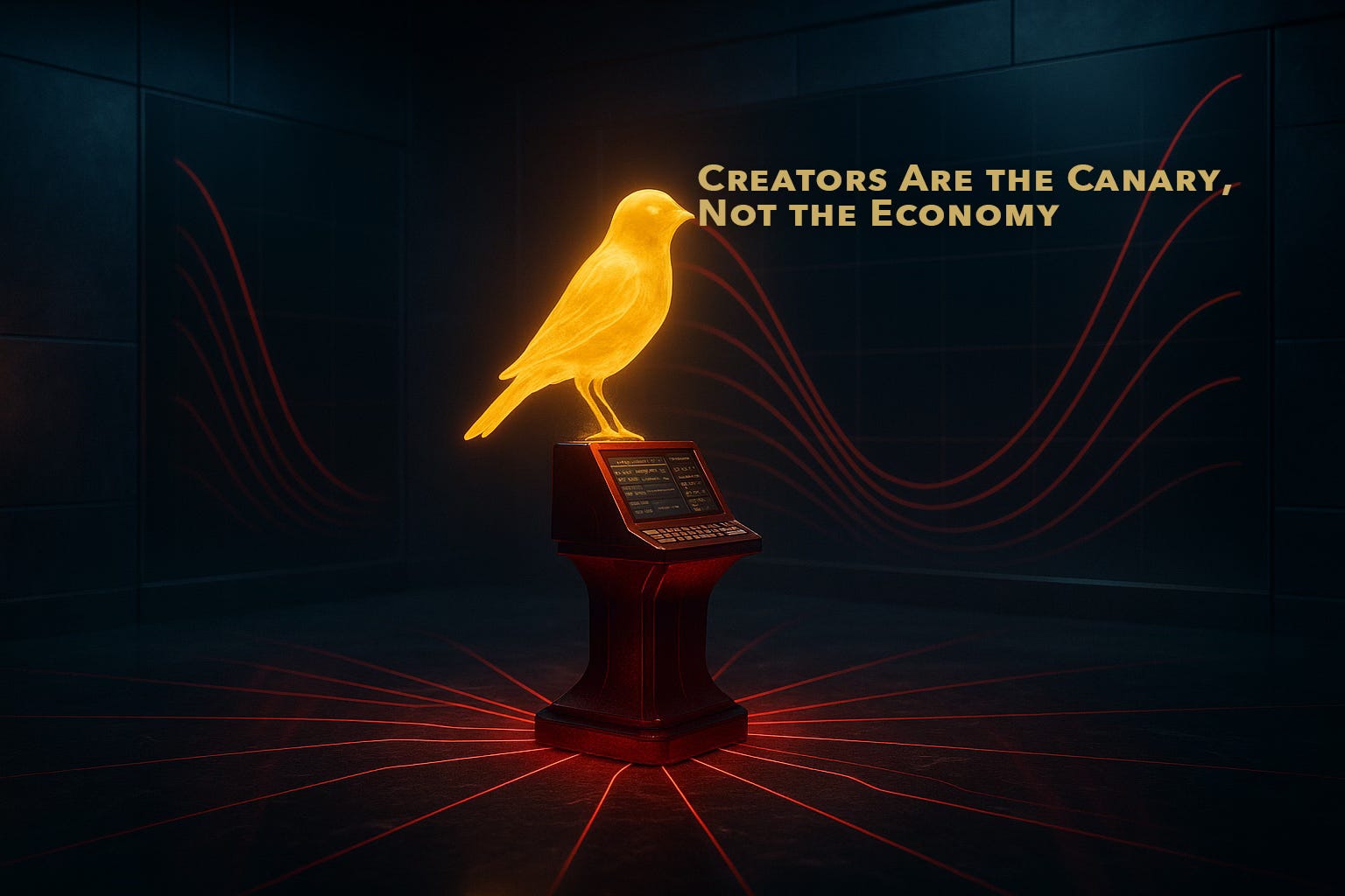 Glowing golden canary on a digital pedestal with red attention-wave signals in a dark analytics chamber. Glowing golden canary on a digital pedestal with red attention-wave signals in a dark analytics chamber.