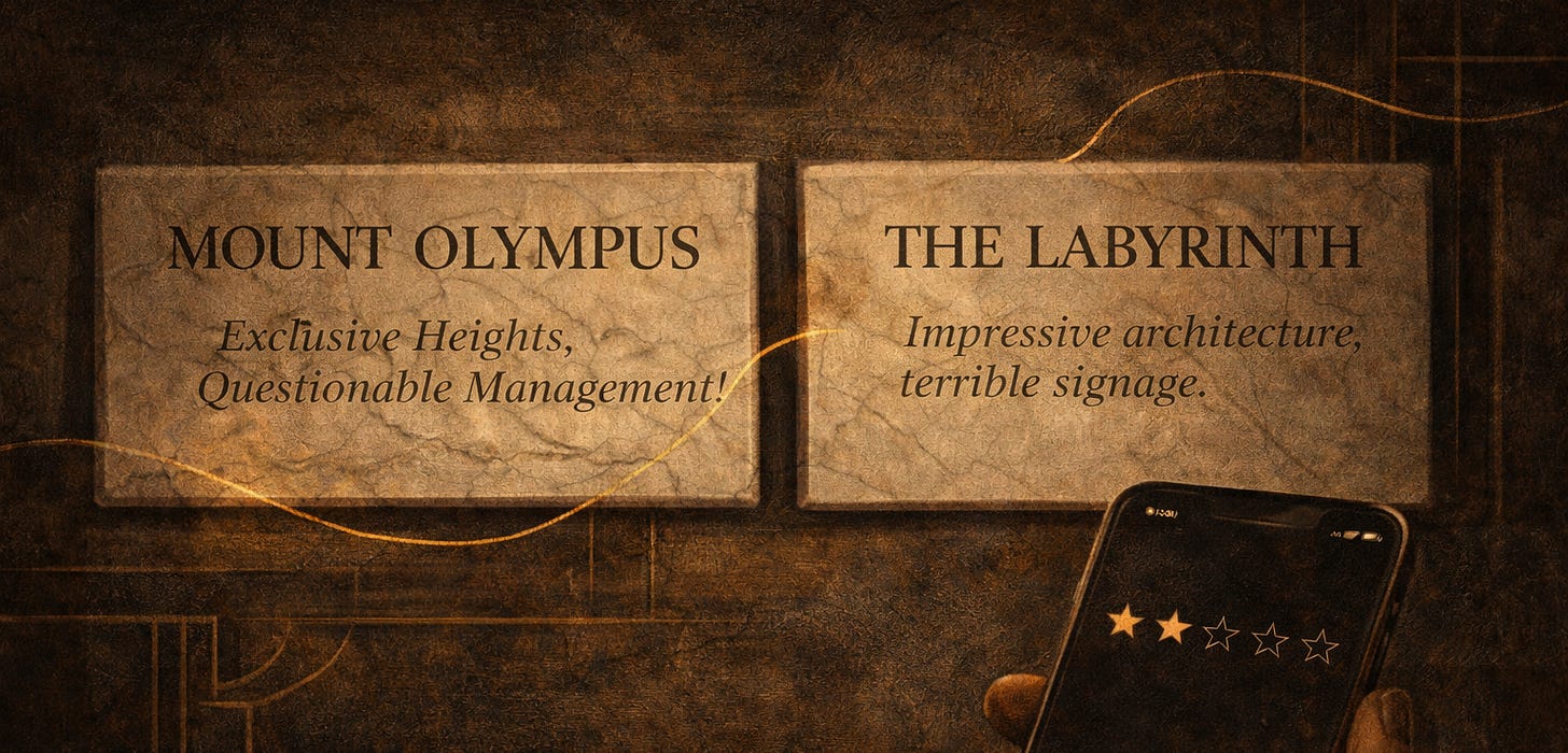 Oil-painted marble plaques reading “Mount Olympus: Exclusive Heights, Questionable Management!” and “The Labyrinth: Impressive architecture, terrible signage,” while a hand holds a smartphone selecting star ratings, connected by a thin gold thread under dramatic warm lighting.