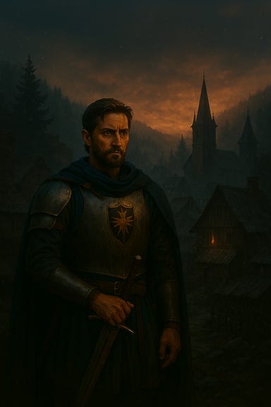 A dark fantasy image of Krezk village at dusk in Barovia. The village is nestled among snow-covered pine trees and misty hills, with rustic wooden cottages and steep rooftops dusted in frost. A narrow path winds through the center, lit by flickering lanterns and the last glow of twilight. Smoke curls from chimneys, and the Abbey looms in the distance, half-shrouded in fog. The sky is a deep indigo, streaked with fading orange and violet hues. Shadows stretch long across the snow, and the atmosphere is quiet, eerie, and reverent.