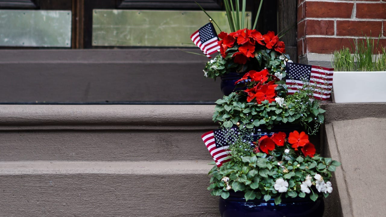 A row of potted flowers with small American flags sits beside a front stoop and brick building, showing a neatly kept neighborhood entrance. A row of potted flowers with small American flags sits beside a front stoop and brick building, showing a neatly kept neighborhood entrance.