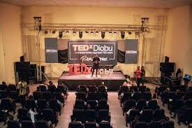 Selected pictures from TEDxDiobu, showing logos, venue shots and panelists