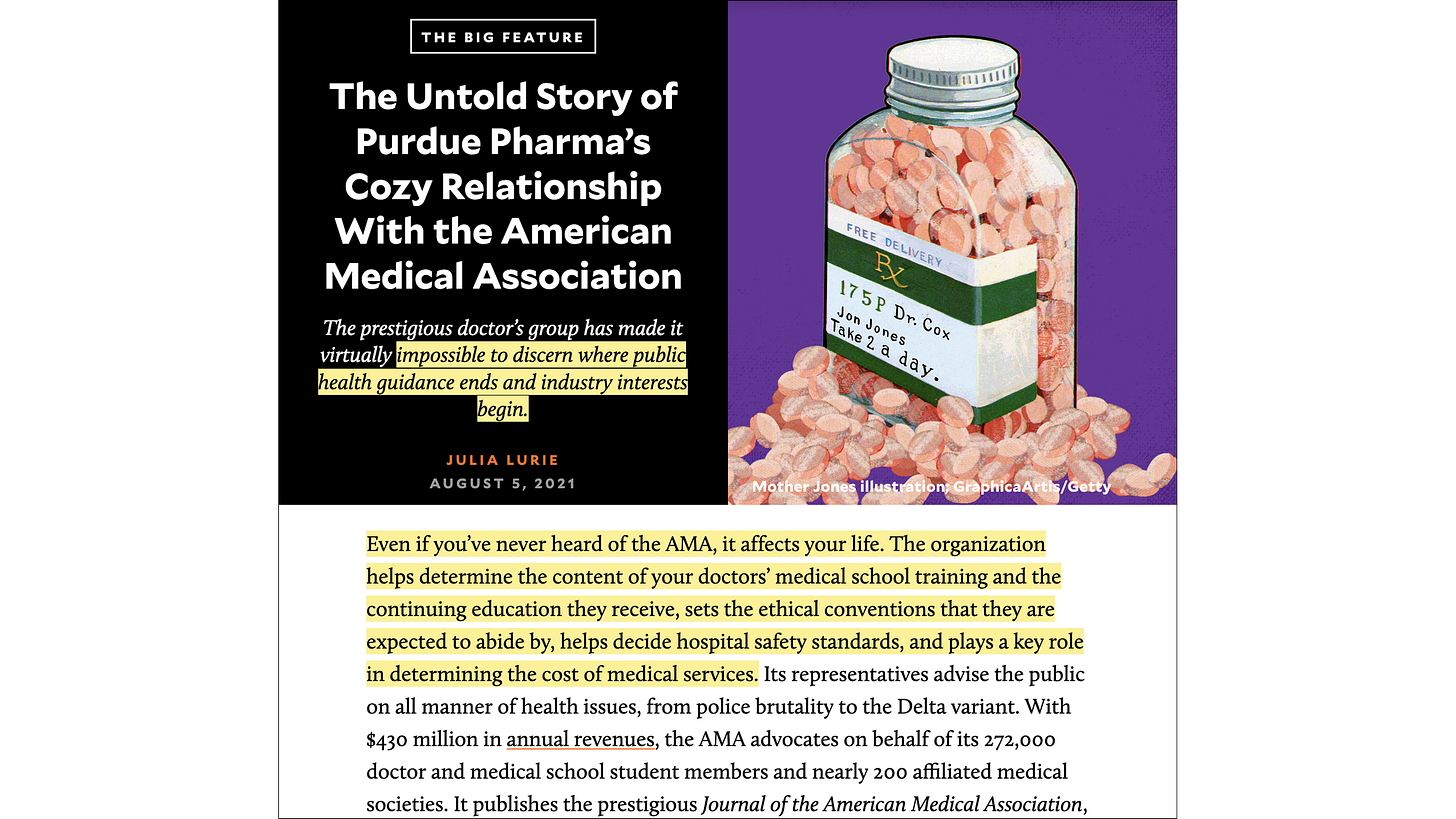 Mother Jones, “The Untold Story of Purdue Pharma’s Cozy Relationship With the American Medical Association” (5 August 2021) Mother Jones, “The Untold Story of Purdue Pharma’s Cozy Relationship With the American Medical Association” (5 August 2021)