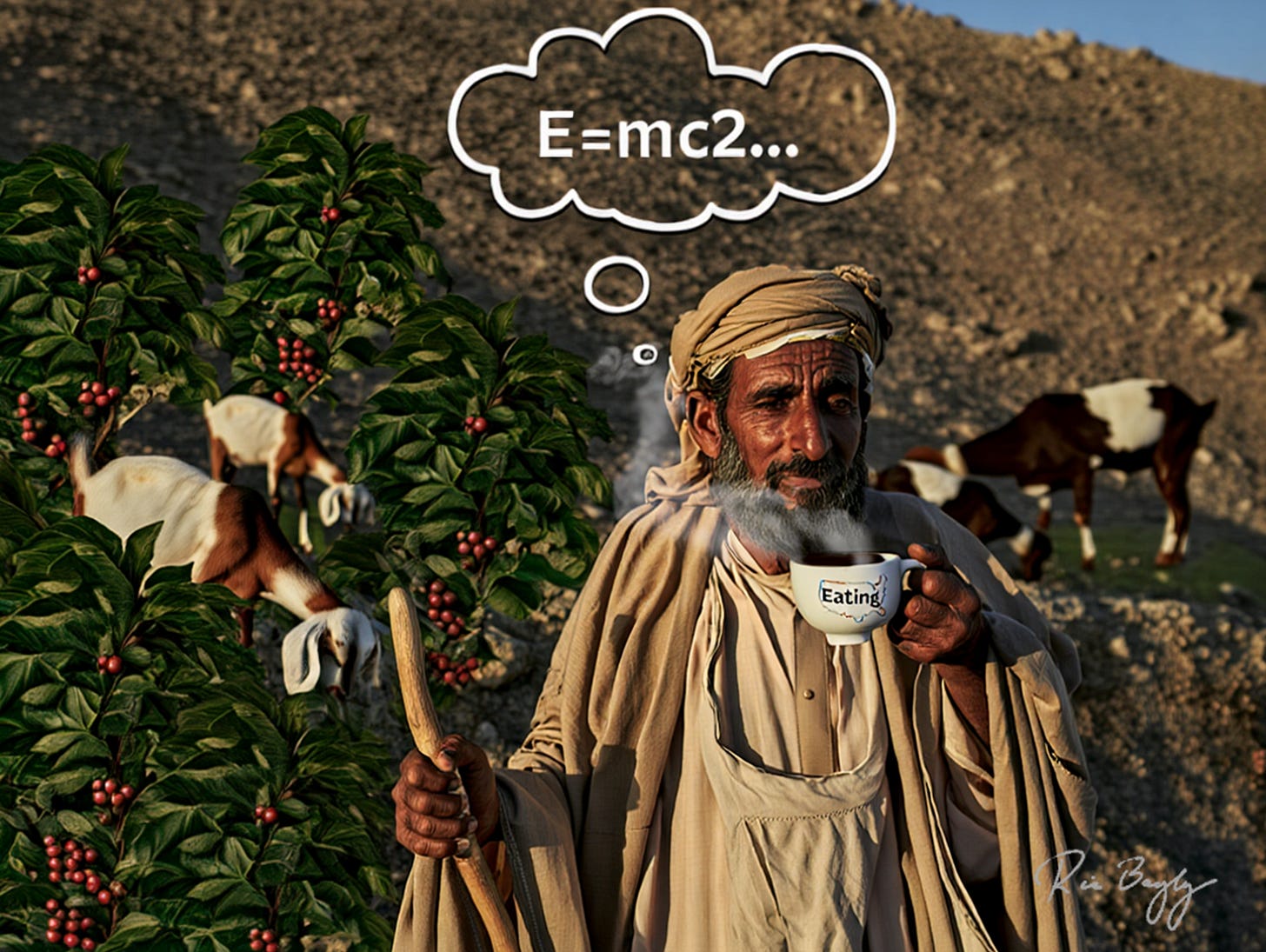 Several goats feed off the red berries on bushes behind their goatherd, who is sipping a white cup of coffee with the Eating in America logo on it. The steam wafts up from the cup as the goatherd thinks, "E-mc2!" Several goats feed off the red berries on bushes behind their goatherd, who is sipping a white cup of coffee with the Eating in America logo on it. The steam wafts up from the cup as the goatherd thinks, "E-mc2!"