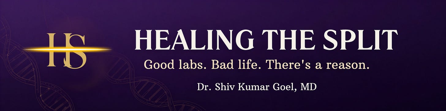 Banner image in purple color with overlay text Healing The Split, Good Labs-Bad Life, There is a reason. Dr Shiv Kumar Goel