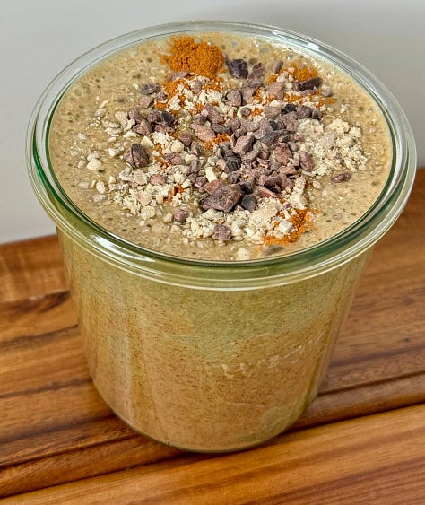 blueberry vanilla protein breakfast bowl, gluten-free banana bread loaf, almond butter smoothie, pumpkin spice smoothie