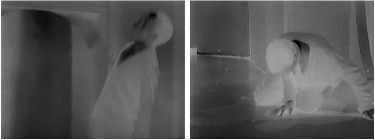 A pair of screengrabs from The Daleks showing William Russell as Ian Chesserman, I mean Chesterton, as he is hit by a Dalek weapon’s blast and then collapsed on the floor, both with a negative image effect A pair of screengrabs from The Daleks showing William Russell as Ian Chesserman, I mean Chesterton, as he is hit by a Dalek weapon’s blast and then collapsed on the floor, both with a negative image effect