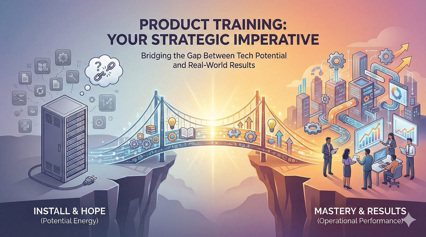 A split illustration of a bridge over a gap with text 'PRODUCT TRAINING: YOUR STRATEGIC IMPERATIVE' above it.