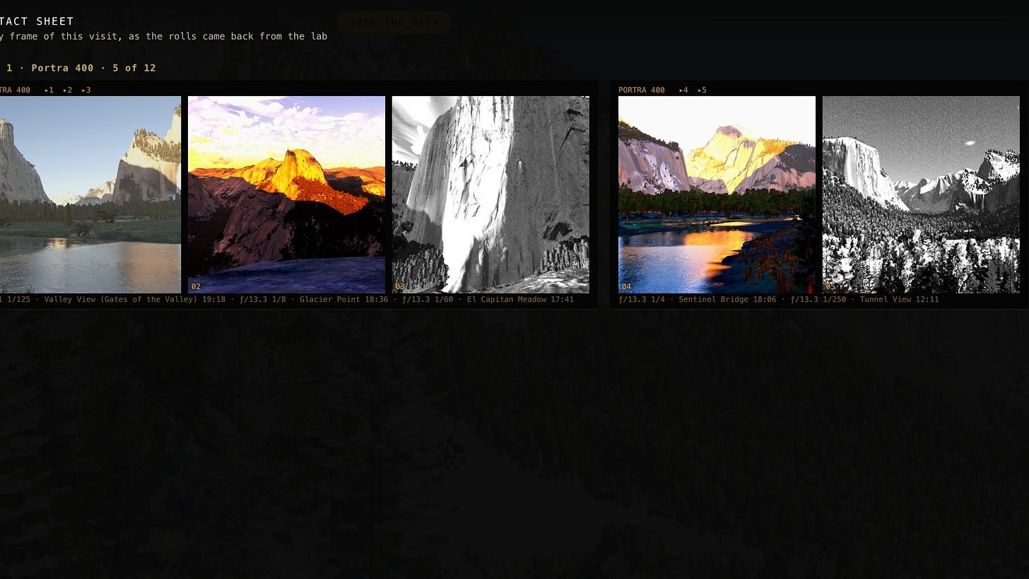 A contact sheet of five frames from the simulator: Valley View on Portra, Half Dome at sunset on Velvia, El Capitan on Tri-X, Half Dome reflected in the Merced, and Tunnel View in snow. A contact sheet of five frames from the simulator: Valley View on Portra, Half Dome at sunset on Velvia, El Capitan on Tri-X, Half Dome reflected in the Merced, and Tunnel View in snow.
