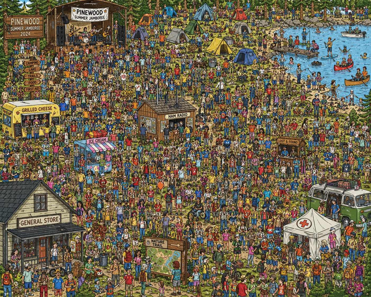 Lots of stuff, a ham radio booth, many many people, a lake, but maybe no raccoon? Lots of stuff, a ham radio booth, many many people, a lake, but maybe no raccoon?