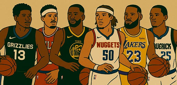 Create an image featuring Jaren Jackson Jr., Tobias Harris, Draymond Green, Aaron Gordon in a Denver Nuggets uniform, LeBron James in a Los Angeles Lakers uniform, and PJ Washington in a Dallas Mavericks uniform. Use a bold, vintage-inspired style that highlights each player's unique flair and team identity.