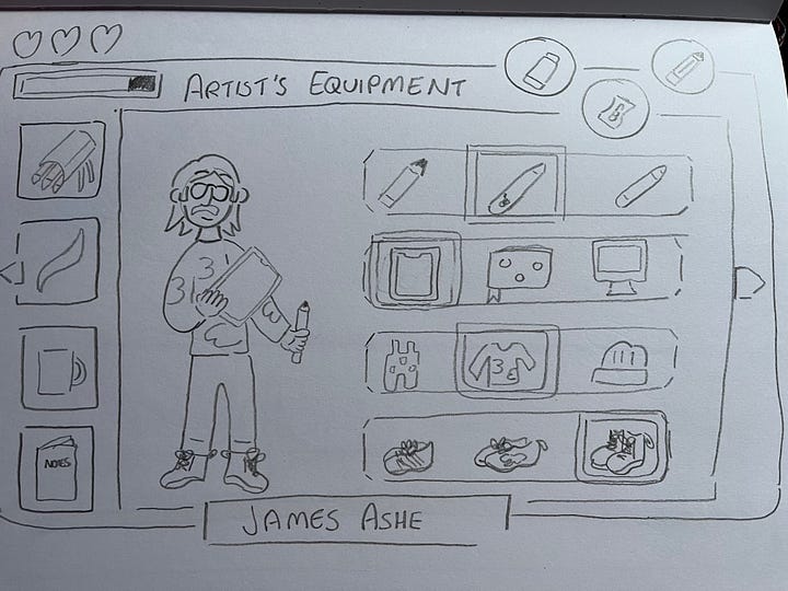 Derwent black sketching pencils and a rough drawing of James' artist inventory