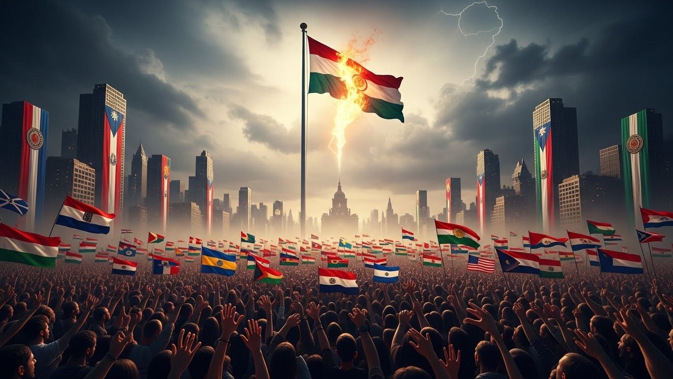 Crowd worshipping a glowing national flag under a dark stormy sky, symbolizing nationalism as the new religion replacing traditional faith.