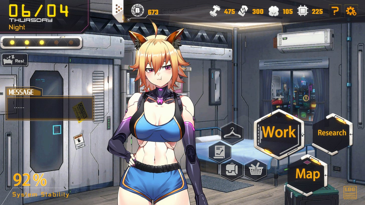 a blonde android with cat ears pouts