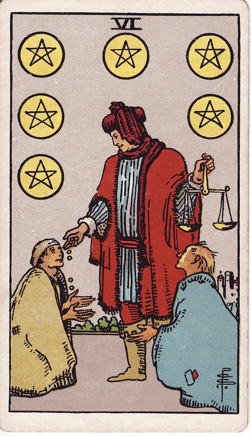 Waite-Smith Tarot, Six of Pentacles