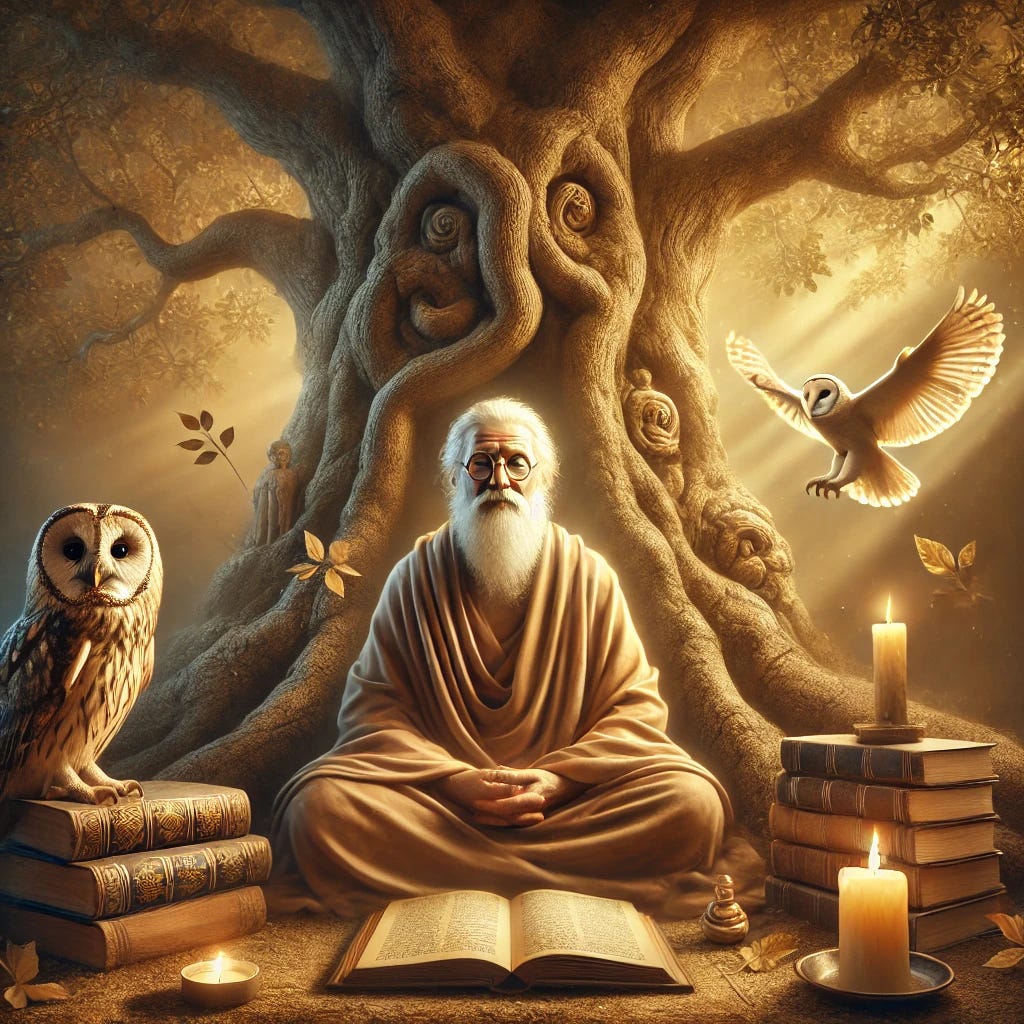 A serene, elderly figure seated under a large, ancient tree, with books scattered around. The figure has a calm, knowing expression, and is surrounded by symbols of wisdom like an owl, a lit candle, and a scroll. Soft, golden light filters through the tree's branches, creating a peaceful and contemplative atmosphere.