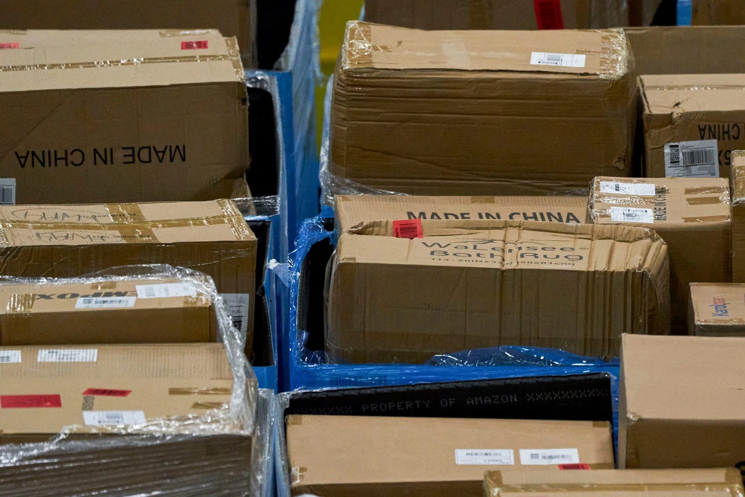 &quot;Made in China&quot; labels on packages at an Amazon Fulfillment center in New Jersey.