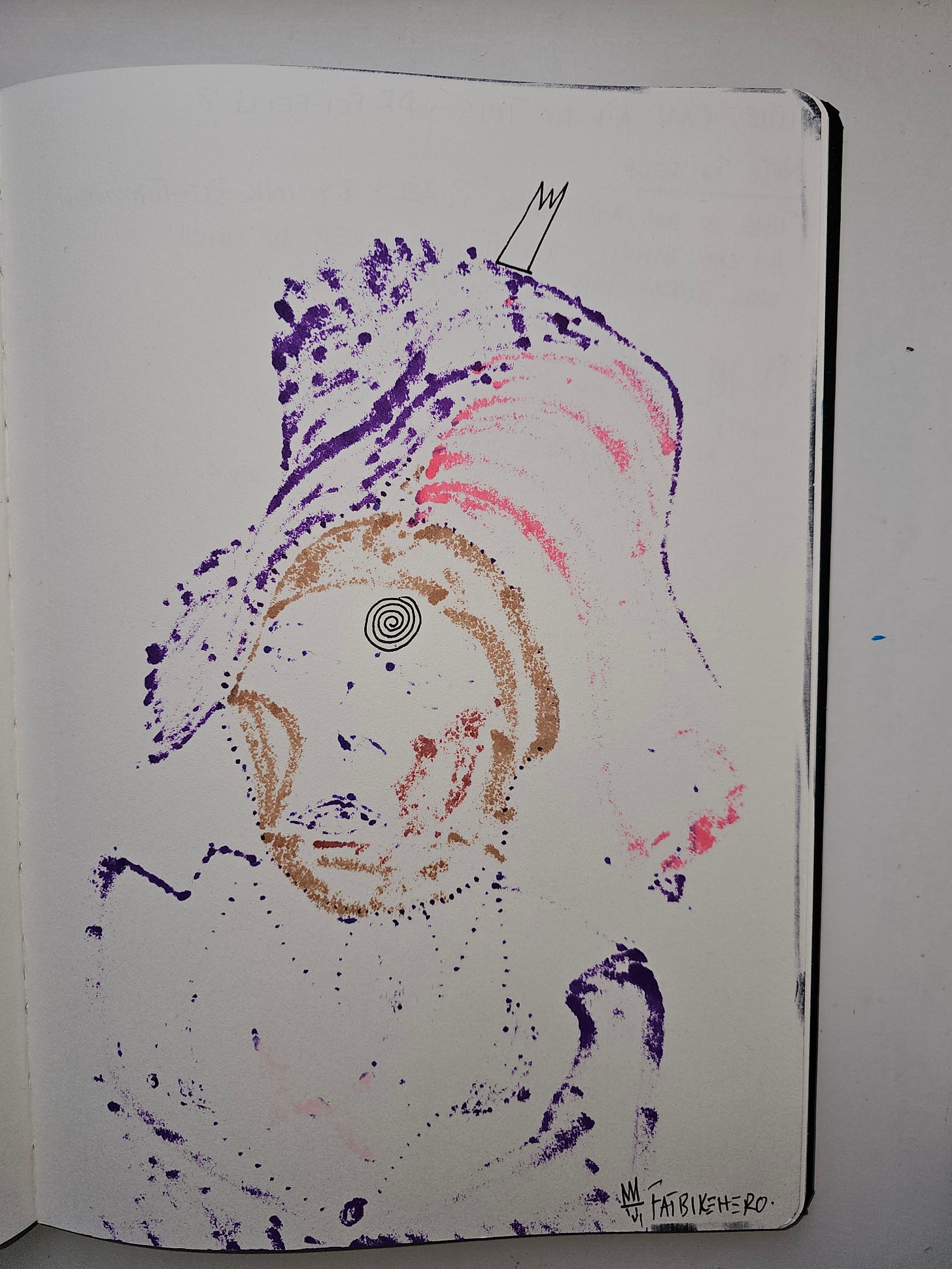 A textured, abstract image created by ink bleeding through sketchbook paper. The faint, ghostly outline of a face (Dr. Fei-Fei Li) is visible in speckled purple and pink tones. A small crown and a spiral eye have been drawn on top of the bleed-through in black ink.