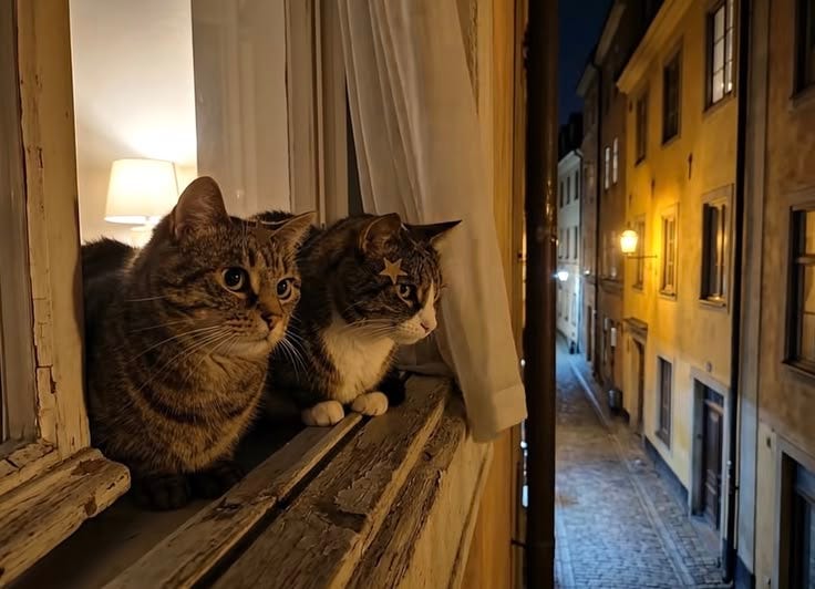 This may contain: two cats are sitting on a window sill
