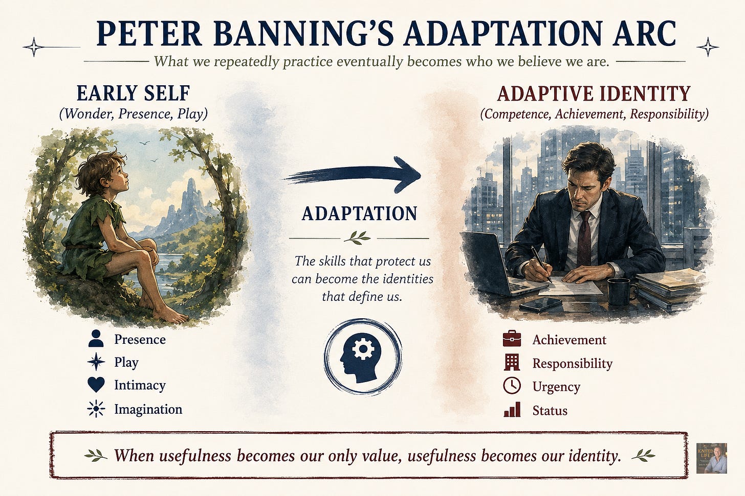 Illustrated infographic titled “Peter Banning’s Adaptation Arc.” On the left, an image of Peter as his early self sits in a lush, natural landscape beneath the heading “Early Self (Wonder, Presence, Play),” with the qualities presence, play, intimacy, and imagination listed below. A large arrow labeled “Adaptation” points toward the right side, accompanied by the text, “The skills that protect us can become the identities that define us.” On the right, an adult professional sits at a desk in a modern city office beneath the heading “Adaptive Identity (Competence, Achievement, Responsibility),” with achievement, responsibility, urgency, and status listed below. A concluding banner at the bottom reads: “When usefulness becomes our only value, usefulness becomes our identity.”