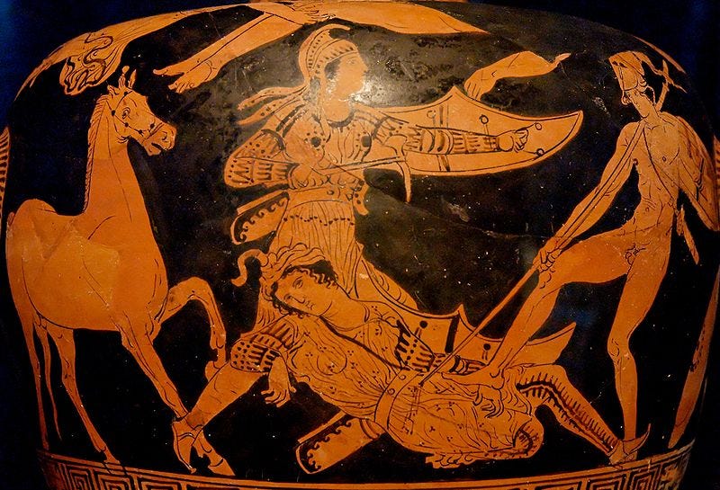 Red figure vase: Patroclus (naked, on the right) kills Sarpedon (wearing Lycian clothes, on the left) with his spear, while Glaucus comes to the latter's help. Red figure vase: Patroclus (naked, on the right) kills Sarpedon (wearing Lycian clothes, on the left) with his spear, while Glaucus comes to the latter's help.
