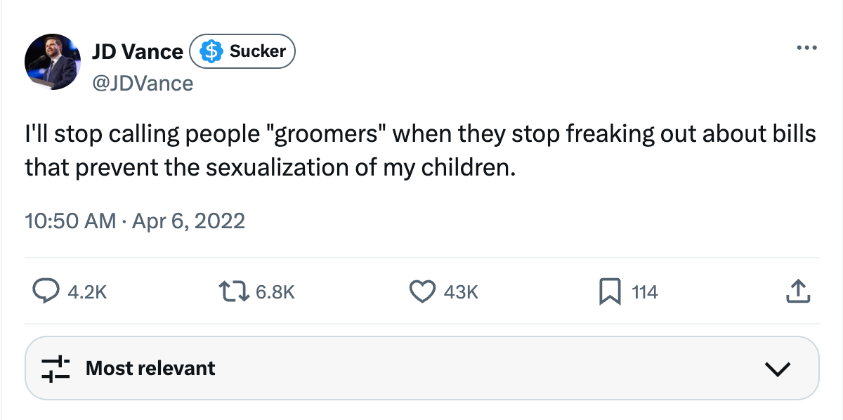 Vance tweet: "I'll stop calling people "groomers" when they stop freaking out about bills that prevent the sexualization of my children." Vance tweet: "I'll stop calling people "groomers" when they stop freaking out about bills that prevent the sexualization of my children."