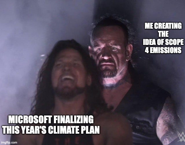WWE still of the Undertaker appearing behind AJ Styles in smoke. Label on the Undertaker: "ME CREATING THE IDEA OF SCOPE 4 EMISSIONS". Label on Styles: "MICROSOFT FINALIZING THIS YEAR'S CLIMATE PLAN"
